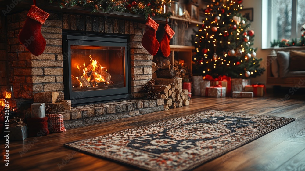 Cozy living room with festive decorations and fireplace Cozy living room with festive decorations and fireplace