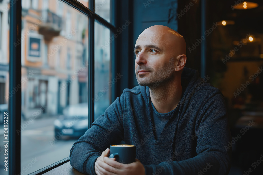 Fashionable bald man sitting in a minimalist cafe, holding a cup of coffee and looking out the window. Fashionable bald man sitting in a minimalist cafe, holding a cup of coffee and looking out the window.
