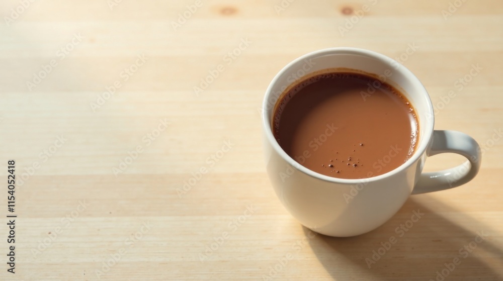 A warm beverage in a white mug rests on a light wooden surface, illuminated by sunlight. A warm beverage in a white mug rests on a light wooden surface, illuminated by sunlight.