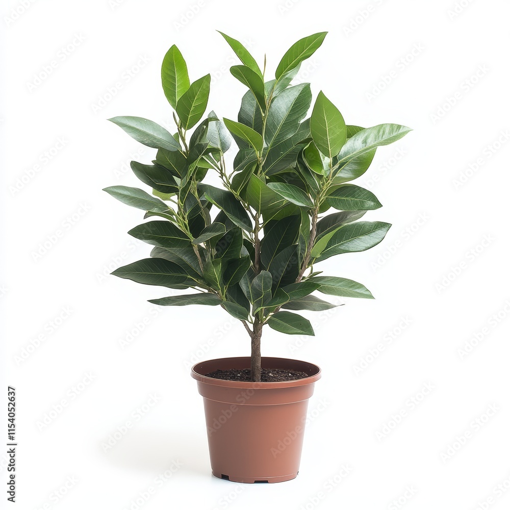 A potted bay laurel plant isolated on white background A potted bay laurel plant isolated on white background