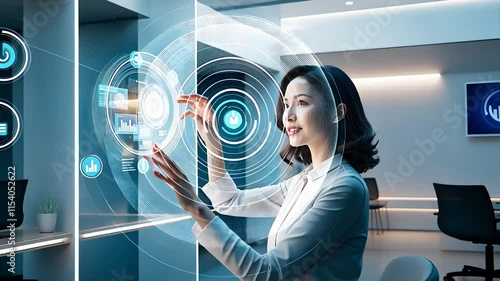 Futuristic Businesswoman Interacting with Holographic Interface in a High-Tech Office Environment

 photo