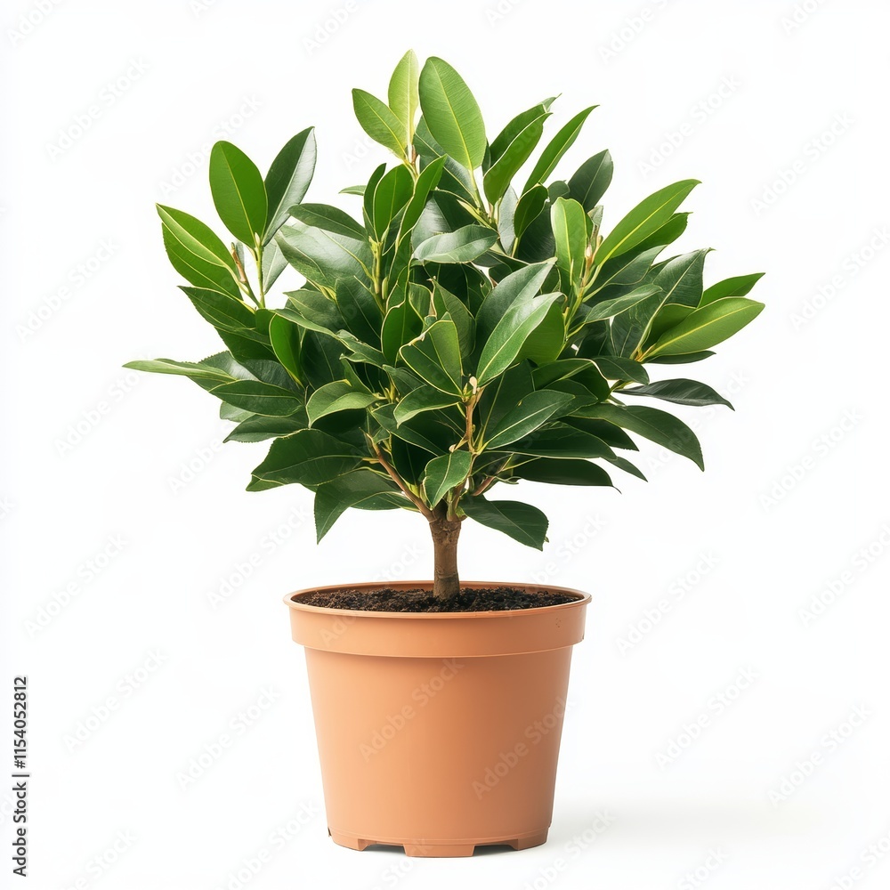 A potted bay laurel plant isolated on white background A potted bay laurel plant isolated on white background