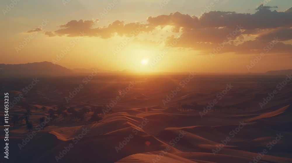 Sunset over desert dunes and palm trees. Sunset over desert dunes and palm trees.