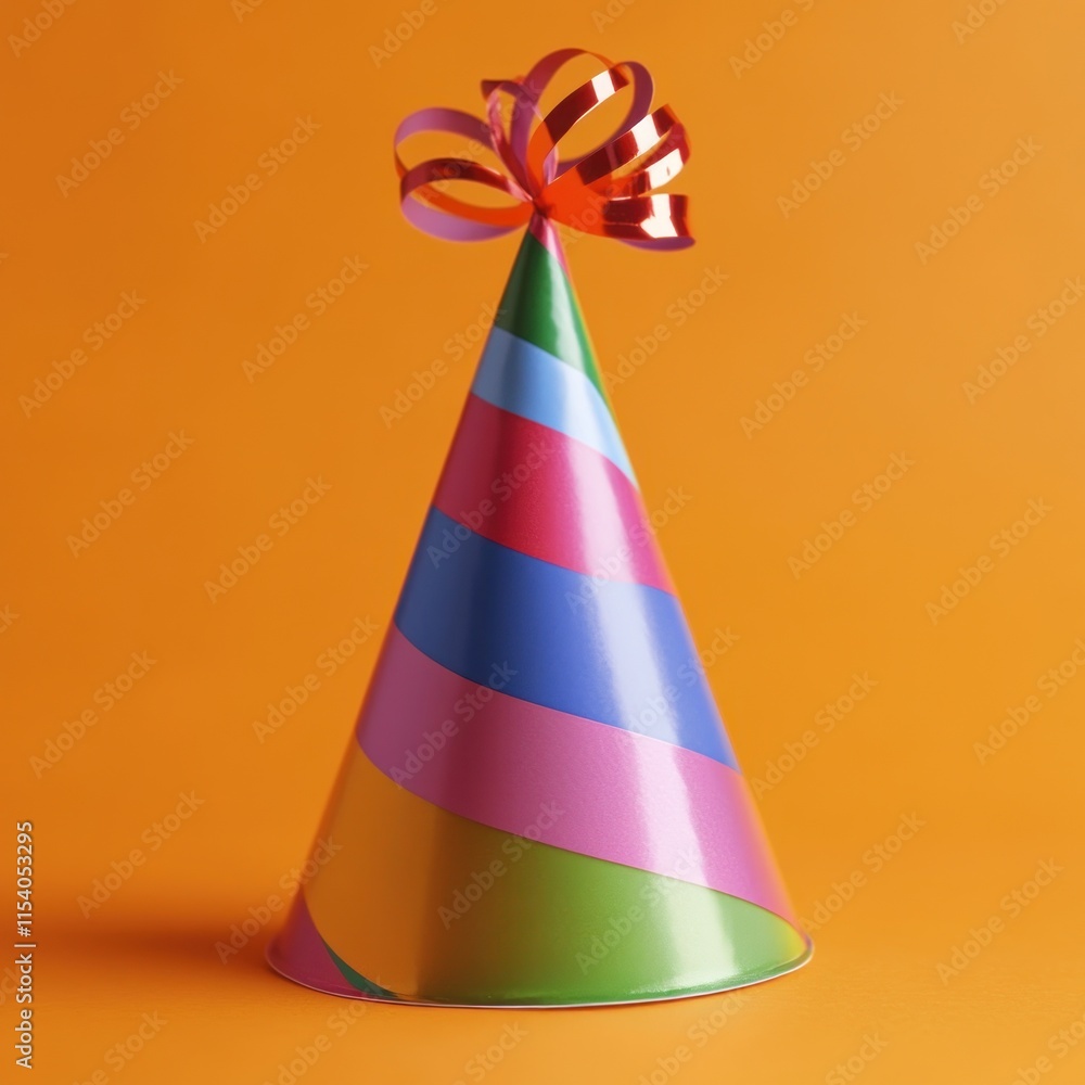 Colorful striped party hat with red ribbon bow on orange background. Colorful striped party hat with red ribbon bow on orange background.