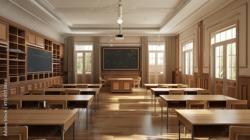 Empty classroom with desks, chairs, chalkboard, and projector screen, ready for learning Empty classroom with desks, chairs, chalkboard, and projector screen, ready for learning