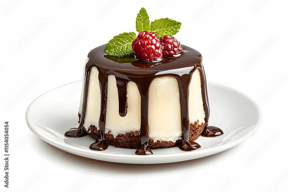 Decadent Chocolate Dessert with Fresh Raspberries and Mint on a White Plate Decadent Chocolate Dessert with Fresh Raspberries and Mint on a White Plate