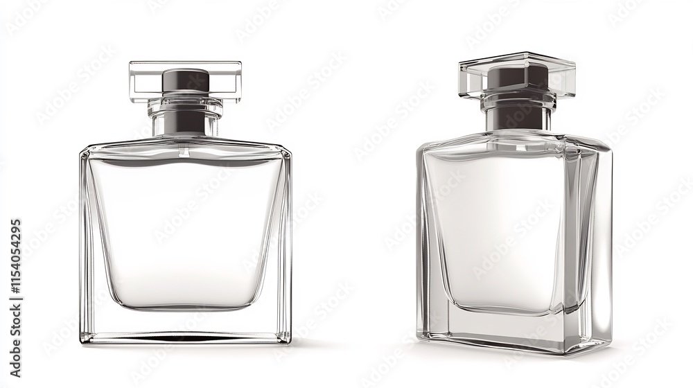 Elegant Empty Perfume Bottles: Two Glass Perfume Bottles, Modern Design, Clear Glass, Dark Caps Elegant Empty Perfume Bottles: Two Glass Perfume Bottles, Modern Design, Clear Glass, Dark Caps