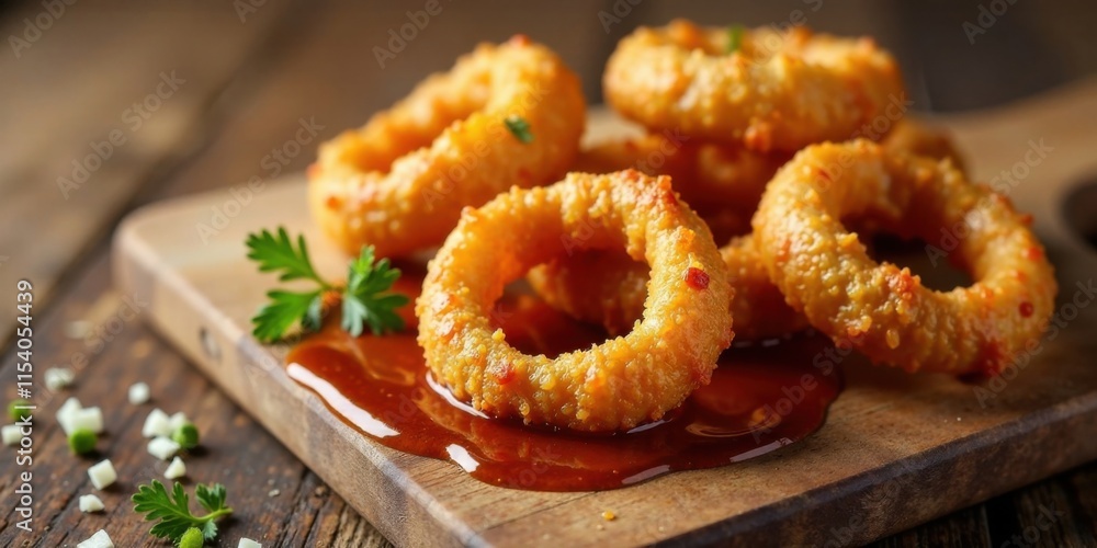 Crispy Fried Onion Rings with Savory Dipping Sauce on Rustic Wooden Board Crispy Fried Onion Rings with Savory Dipping Sauce on Rustic Wooden Board