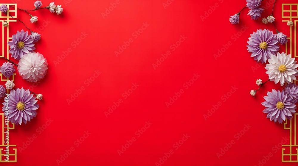 Vibrant red background adorned with purple and white flowers, complemented by golden geometric patterns. Ideal for Chinese New Year, festive celebrations, or wedding invitations. Vibrant red background adorned with purple and white flowers, complemented by golden geometric patterns. Ideal for Chinese New Year, festive celebrations, or wedding invitations.