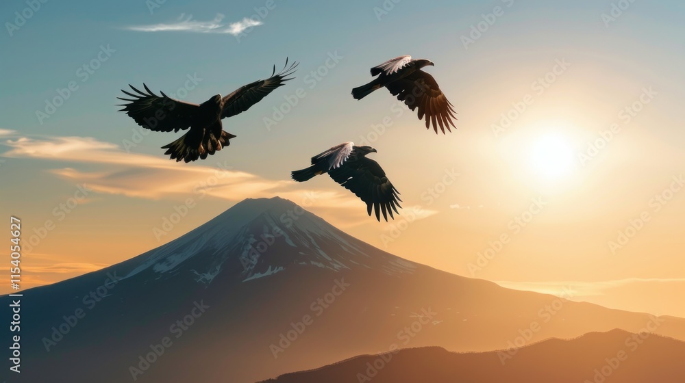 Fototapeta premium Three birds flying over majestic mountain at sunrise.