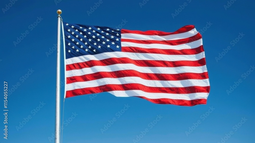 American Flag Waving in Clear Blue Sky with Bright Sunlight American Flag Waving in Clear Blue Sky with Bright Sunlight