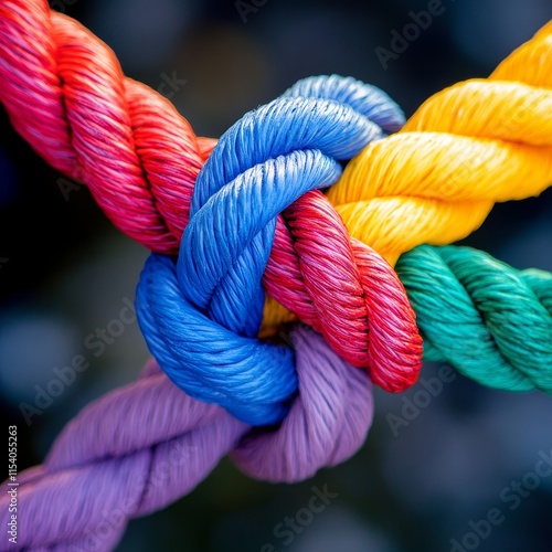 Various Colorful Ropes Intertwined in a Secure Knot Displaying Vibrant Hues and Textures in a Close-Up View