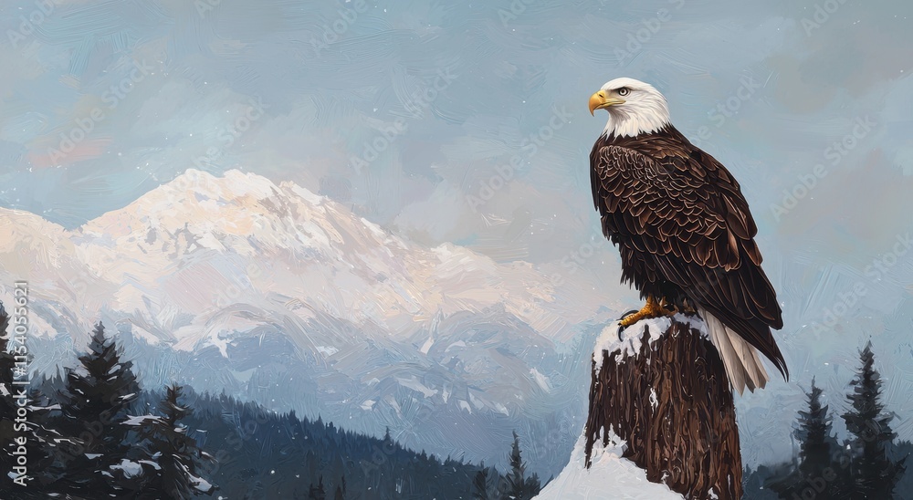 Fototapeta premium Majestic Eagle Perched on a Snowy Mountain Stump in Winter Landscape