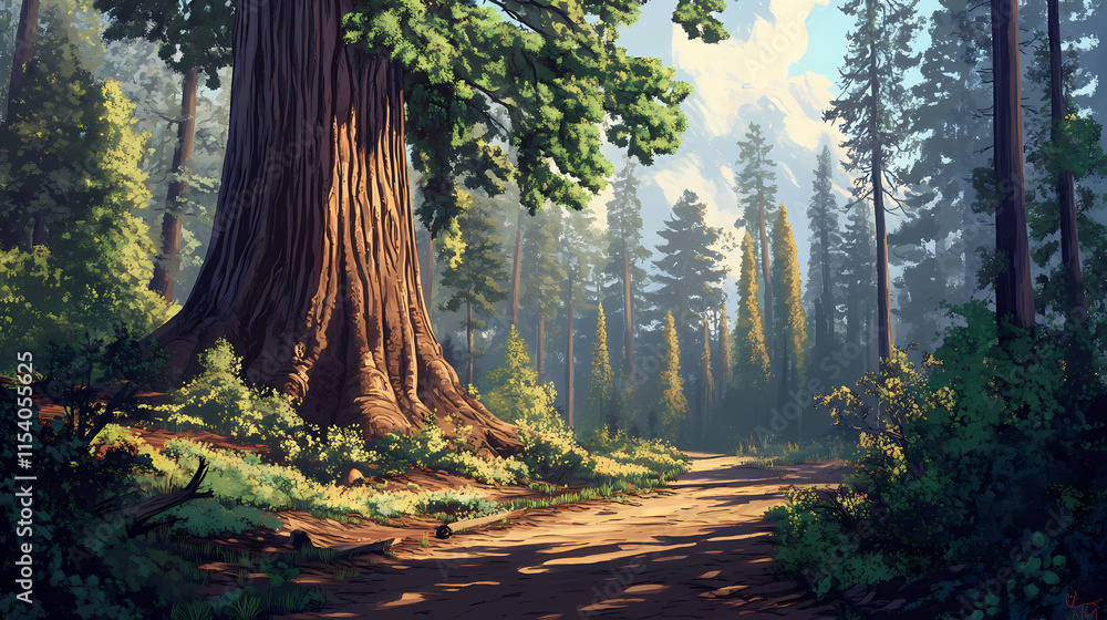 Obraz premium A giant sequoia tree towering over a forest path, showcasing its immense size and grandeur. Sequoia. Illustration