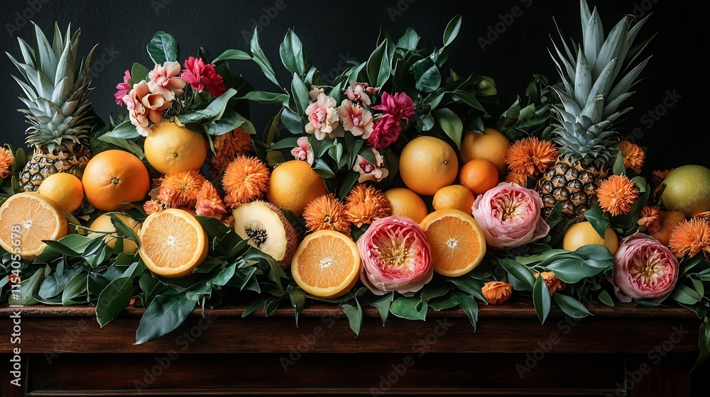 Rustic table filled a vibrant arrangement of juicy ripe citrus fruits tropical pineapples and bright papayas with a splash of color from tropical flowers and greenery Rustic table filled a vibrant arrangement of juicy ripe citrus fruits tropical pineapples and bright papayas with a splash of color from tropical flowers and greenery