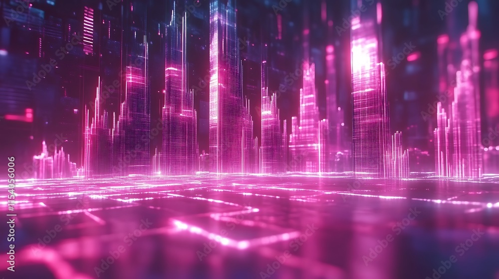 Glowing pink futuristic cityscape. Glowing pink futuristic cityscape.