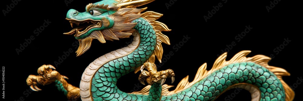 Fototapeta premium Ornate Green Dragon Sculpture with Gold Accents on Black Background