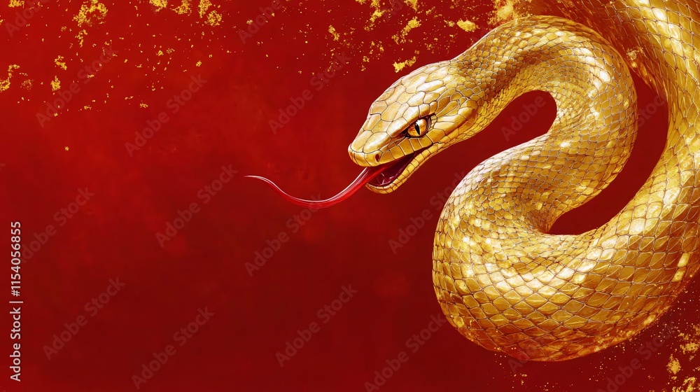 A striking golden snake coiling against a rich red background, perfect for 2025 Chinese New Year celebrations and Year of the Snake designs. A striking golden snake coiling against a rich red background, perfect for 2025 Chinese New Year celebrations and Year of the Snake designs.