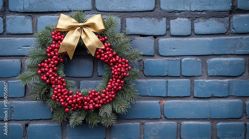 Festive holiday wreath on a blue brick wall