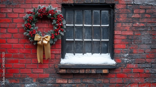 festive wreath on a rustic brick wall with snow
