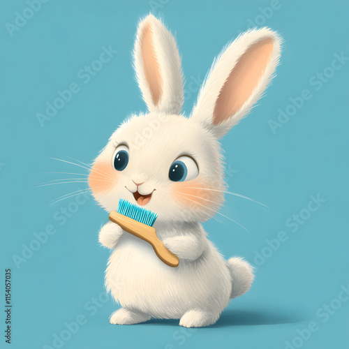 Adorable white bunny holding a toothbrush with a cheerful expression, perfect for children’s dental care promotions, hygiene campaigns, cartoons, and cute animal illustrations photo