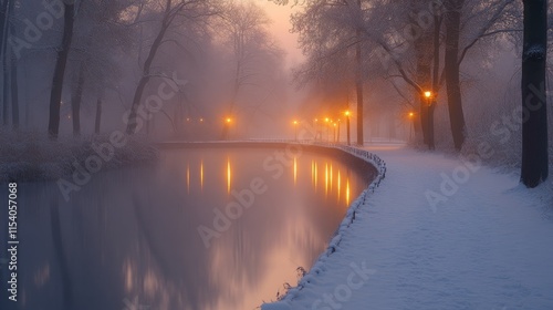 Serene winter park at dawn with glowing street lamps