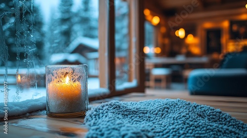 Cozy winter evening with candle and soft blanket