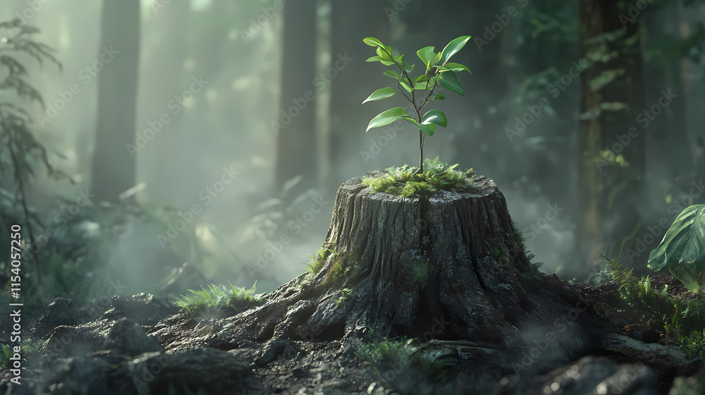 Ancient redwood stump nurturing a delicate sapling symbolizing rebirth and resilience in a misty primeval forest. Sequoia. Illustration Ancient redwood stump nurturing a delicate sapling symbolizing rebirth and resilience in a misty primeval forest. Sequoia. Illustration