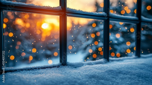Warm sunlight through a snowy window