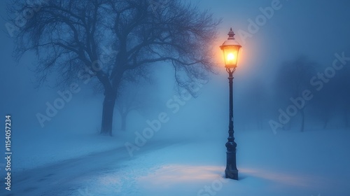 Misty path illuminated by a vintage lamp post