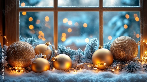 Cozy Christmas window with golden ornaments and snow