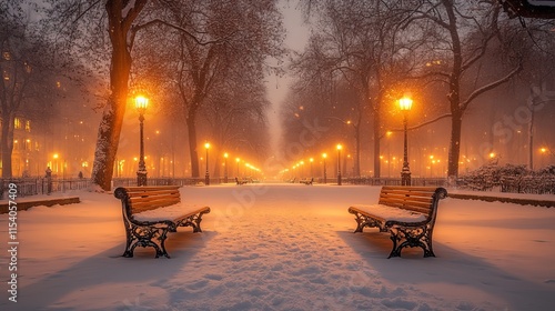Snowy park pathway with glowing lamps at dusk