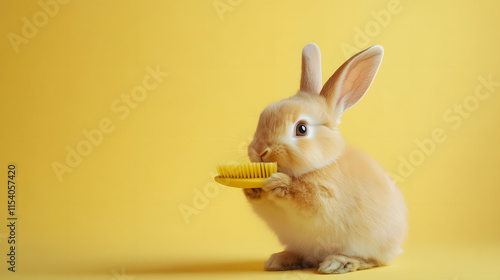 Bunny holding a yellow brush, perfect for playful, creative, or kid-friendly themes, showcasing cuteness, joy, and lighthearted moments in animal photography photo