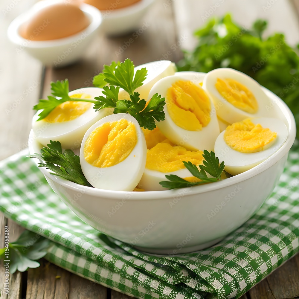 Freshly Halved Hard-Boiled Eggs with Yellow Yolks and Parsley on Wooden Table Freshly Halved Hard-Boiled Eggs with Yellow Yolks and Parsley on Wooden Table