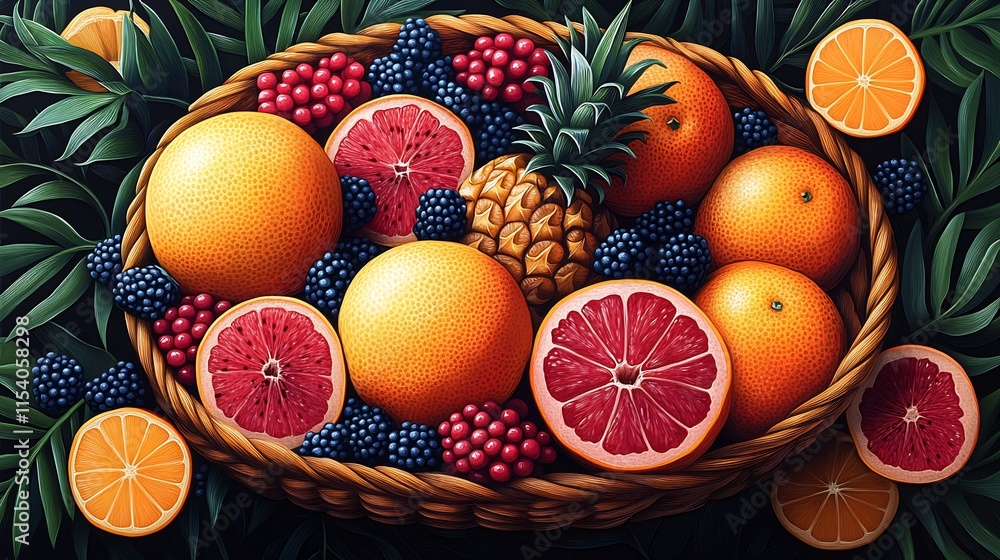 Vibrant fruit basket brimming juicy ripe tropical fruits like citrus oranges tangy grapefruits and fresh pineapples surrounded by an array of colorful berries and tropical leaves Vibrant fruit basket brimming juicy ripe tropical fruits like citrus oranges tangy grapefruits and fresh pineapples surrounded by an array of colorful berries and tropical leaves