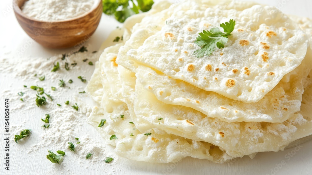 Delicious Roti Racha made from flour garnished with fresh herbs on a light background showcasing traditional culinary charm Delicious Roti Racha made from flour garnished with fresh herbs on a light background showcasing traditional culinary charm