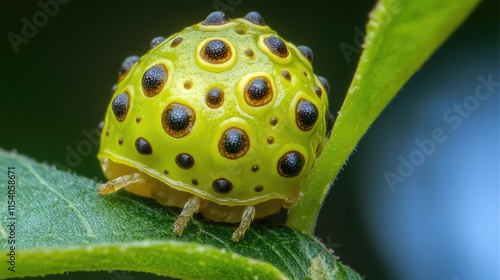 Close-up of a vibrant green insect with black spots on a leaf illustrating the effects of leaf galls caused by various pests and pathogens. photo