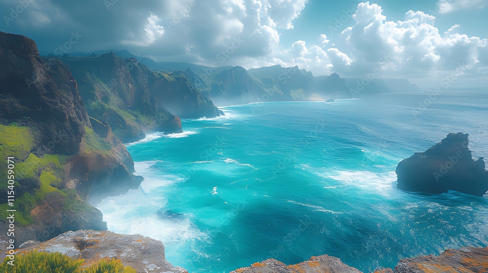Naklejka premium Dramatic coastal landscape with turquoise ocean, cliffs, and clouds.