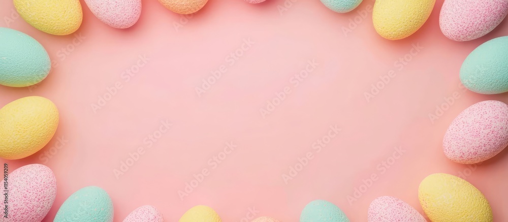 Colorful pastel Easter eggs arranged in a round frame on a soft pink background empty space for festive designs and holiday messages Colorful pastel Easter eggs arranged in a round frame on a soft pink background empty space for festive designs and holiday messages