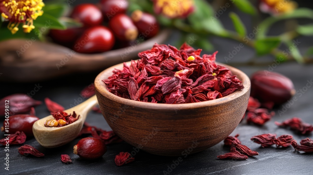 Red herbs including Roselle and Chinese jujube displayed in a rustic bowl surrounded by natural elements and wooden utensils. Red herbs including Roselle and Chinese jujube displayed in a rustic bowl surrounded by natural elements and wooden utensils.