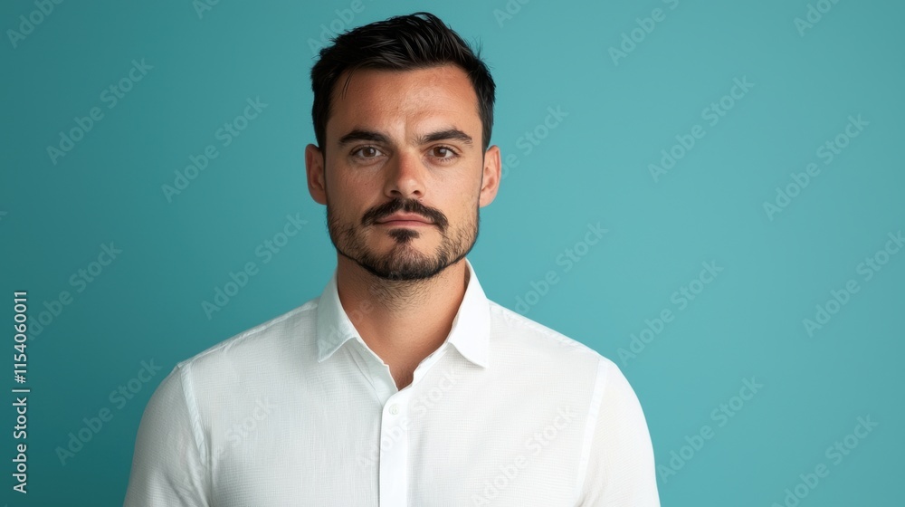 Obraz premium Confident man with beard wearing white shirt on teal background