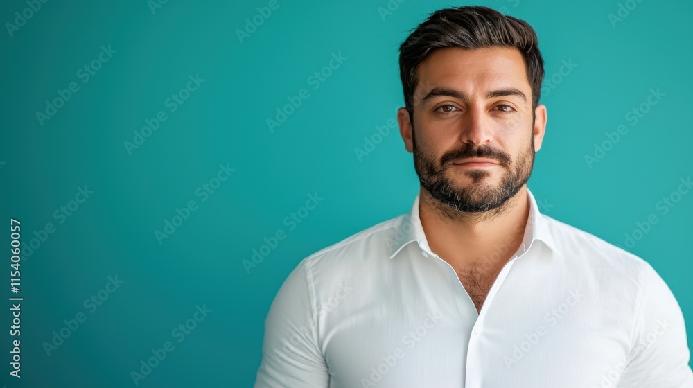 Fototapeta premium Confident man in white shirt standing against turquoise background