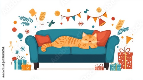 Relaxing cat lounging on a cozy sofa with festive decorations.