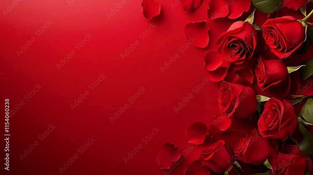 Elegant red roses with petals scattered on a deep red background for romantic occasions Elegant red roses with petals scattered on a deep red background for romantic occasions