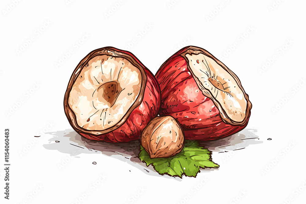 Obraz premium Hand-drawn sketch of whole and halved hazelnuts on a white background with green leaf accent
