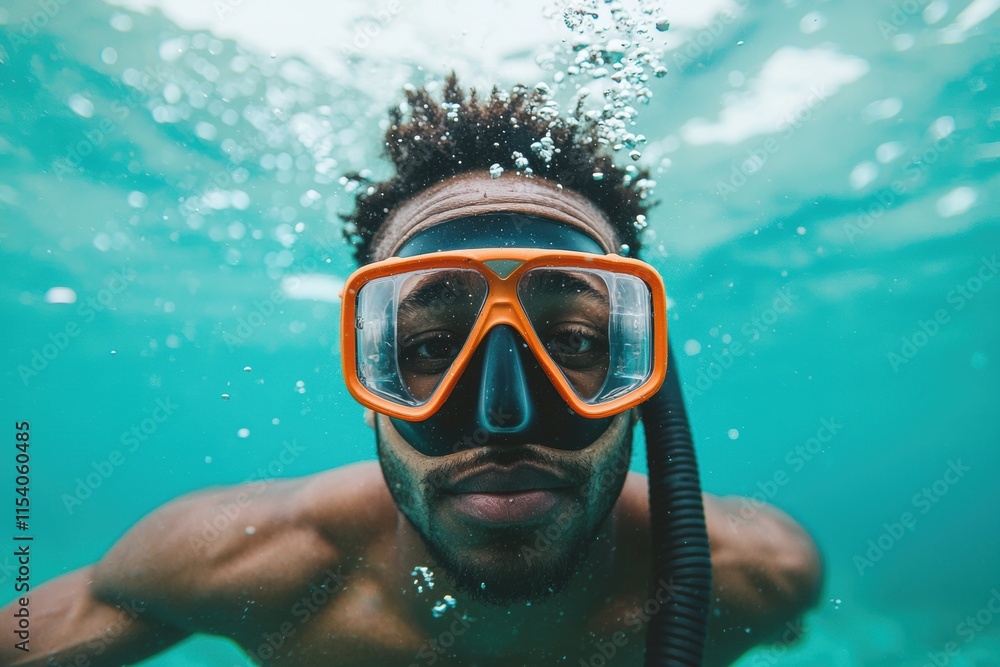 Naklejka premium Underwater Portrait of Male Diver with Snorkel and Mask
