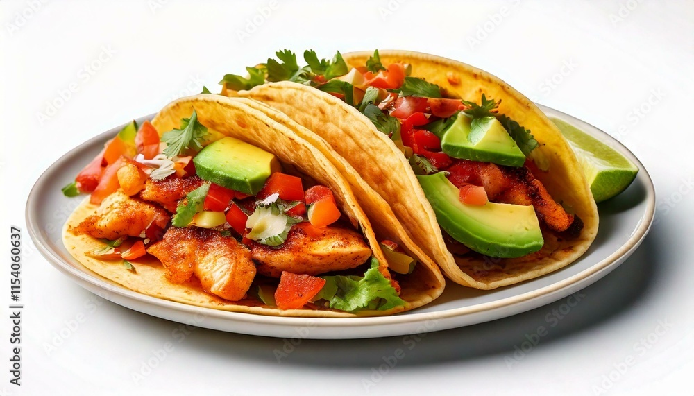 soft taco with grilled chicken, fresh salsa, and avocado slices on a clean white background soft taco with grilled chicken, fresh salsa, and avocado slices on a clean white background