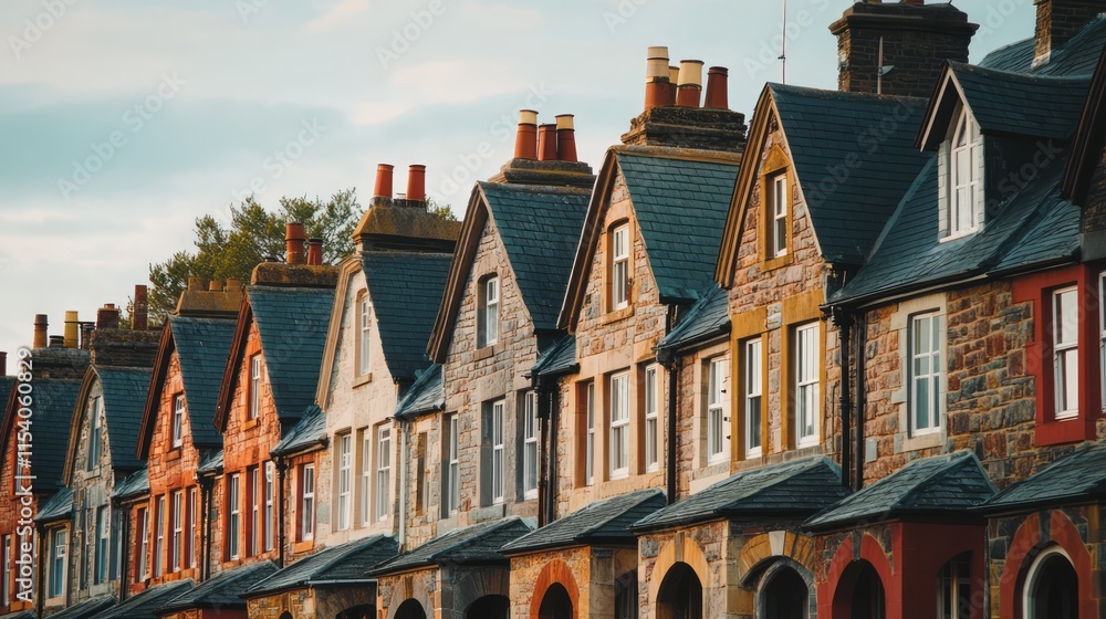 Obraz premium Uniform row of traditional houses with pitched roofs and upstairs windows in a picturesque neighborhood setting.