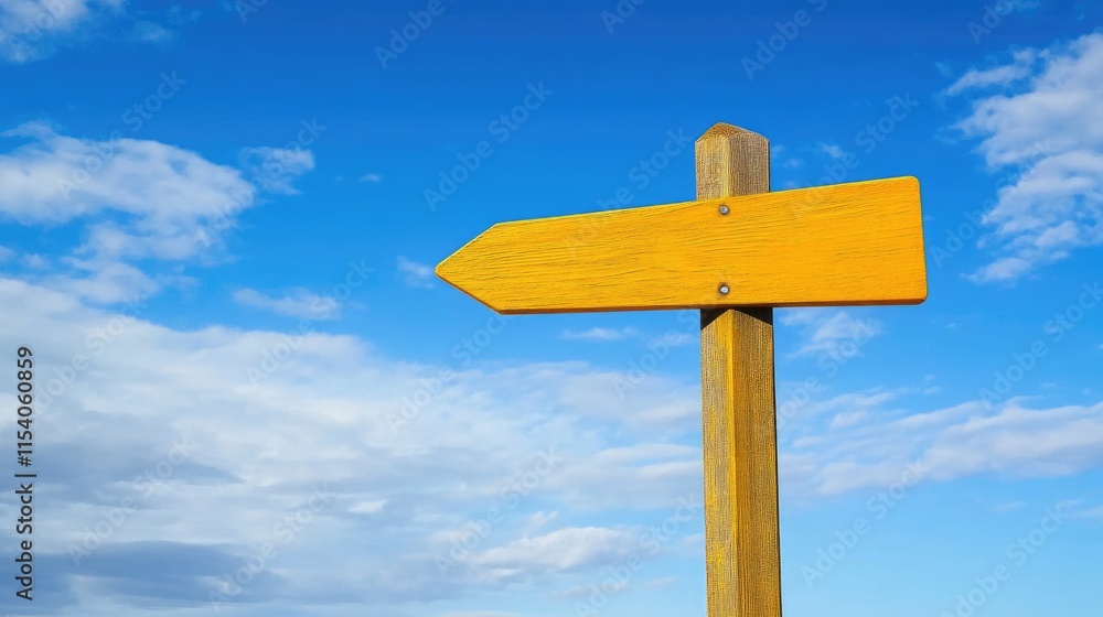 Wooden road sign pointing left against a clear blue sky with soft clouds in the background, symbolizing direction and travel. Wooden road sign pointing left against a clear blue sky with soft clouds in the background, symbolizing direction and travel.