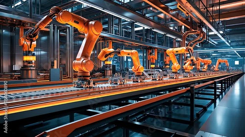 Robotic Arms Operating on a Fully Automated Assembly Line in a High-Tech Industrial Manufacturing Facility

 photo